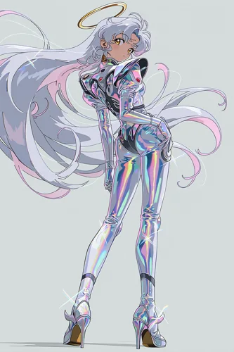 Full-body ALINE looking back with long flowing hair