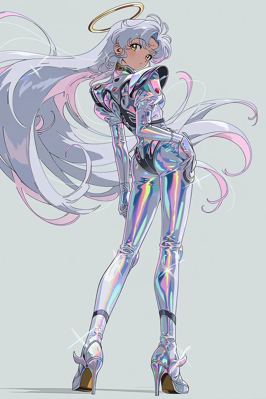 ALINE looks back, her long silver-lilac hair flowing around an iridescent bodysuit